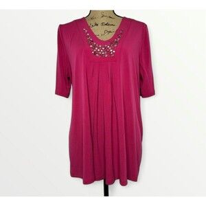 Susan Graver Liquid Knit Shirt Womens Size L Pink Deep V Top Rhinestone Bling